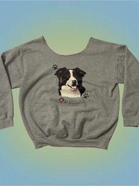 Gildan Gray Off-the-Shoulder Border Collie Graphic Sweater